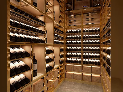 Luxurious Wine Cellar Interior With Wooden Racks And Neatly Arranged Red Wine Bottles 3d model