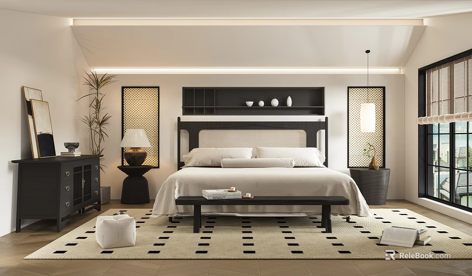 Modern Hotel Room Interior With King Bed Nightstand Lamp And Patterned Rug 3d model 