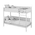 Modern Bunk Bed With White Frame Gray And White Mattress Dark Blue Pillows And Blankets