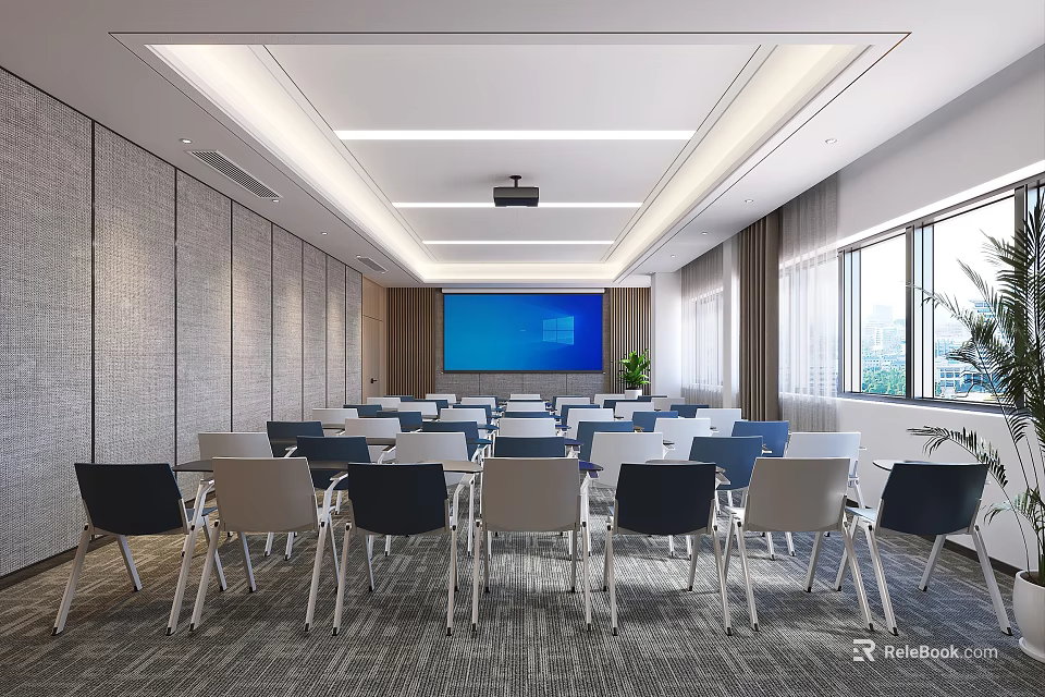 Modern Conference Room Interior With Projection Screen Tables Chairs And Windows 3d model