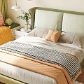 Cozy Modern Double Bed With Green Upholstered Headboard Pillows Checkered Blanket Nightstand And Green Plants