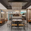Modern Hotpot Restaurant Interior With Wooden Partition Seating Hanging Lamps Large Windows And Tree Views