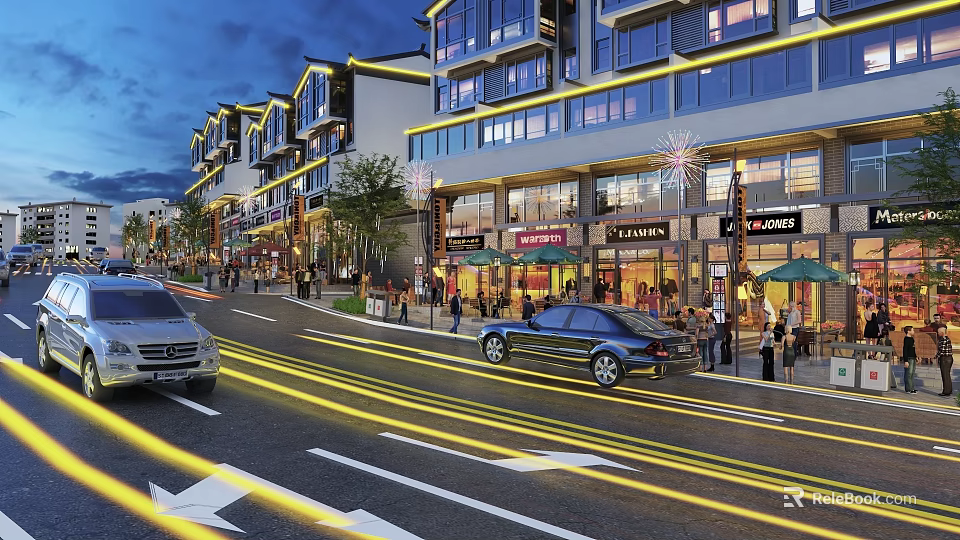 Vibrant Commercial Street at Dusk with Illuminated Modern Buildings Shops Pedestrians and Moving Cars 3d model 