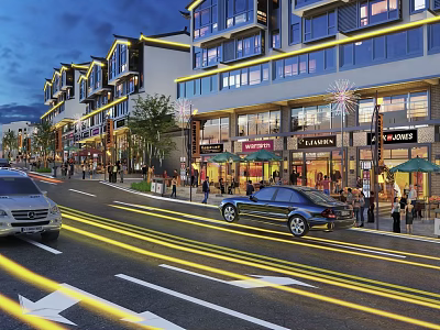 Vibrant Commercial Street at Dusk with Illuminated Modern Buildings Shops Pedestrians and Moving Cars 3d model