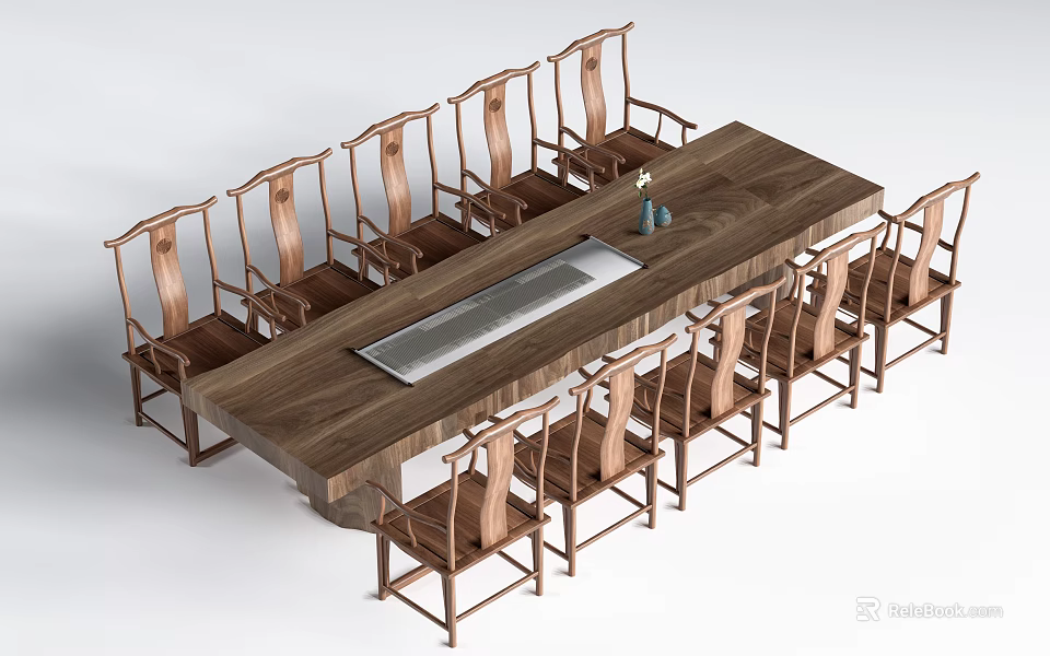 Traditional Style Long Solid Wood Dining Table with Multiple Wooden Chairs and Centerpiece 3d model 