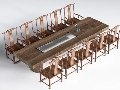 Traditional Style Long Solid Wood Dining Table with Multiple Wooden Chairs and Centerpiece 3d model