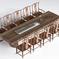 Traditional Style Long Solid Wood Dining Table with Multiple Wooden Chairs and Centerpiece
