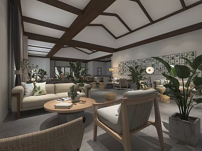 Elegant Chinese Living Room Interior With Wooden Ceiling Sofa Greenery And Decorative Paintings 3d model