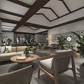 Elegant Chinese Living Room Interior With Wooden Ceiling Sofa Greenery And Decorative Paintings
