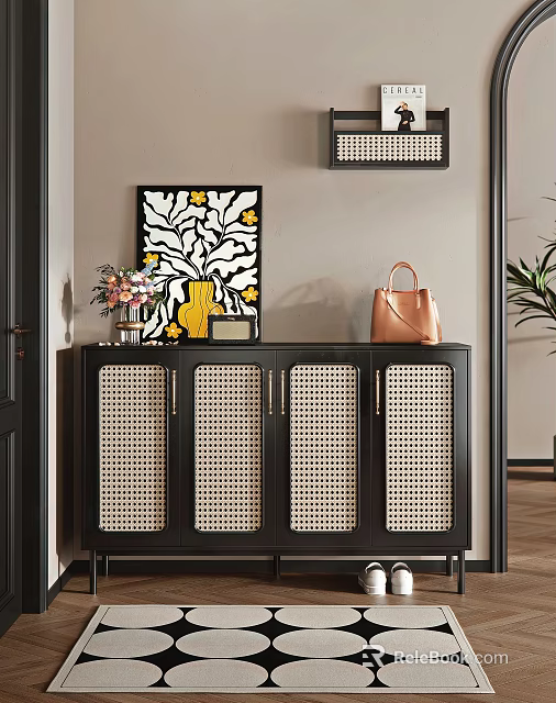 Stylish Black Console Sideboard With Rattan Doors Vase Flower Bouquet And Handbag 3d model 