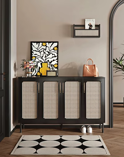 Stylish Black Console Sideboard With Rattan Doors Vase Flower Bouquet And Handbag 3d model