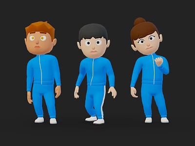 Three Cartoon Characters In Blue Jumpsuits With Different Expressions Standing On Black Background 3d model