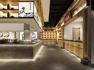 Modern Chinese Restaurant Interior Design With Open Layout Wooden Cabinets And Food 3d model