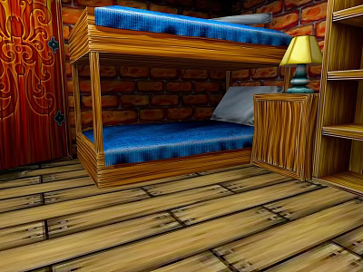 Cozy Wooden Bunk Bed With Blue Mattress Brick Wall Wooden Floor Nightstand Lamp And Bookshelf 3d model