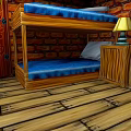 Cozy Wooden Bunk Bed With Blue Mattress Brick Wall Wooden Floor Nightstand Lamp And Bookshelf