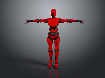 Red Robot Character With Metallic Armor And Outstretched Arms Standing Pose 3d model