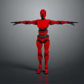 Red Robot Character With Metallic Armor And Outstretched Arms Standing Pose