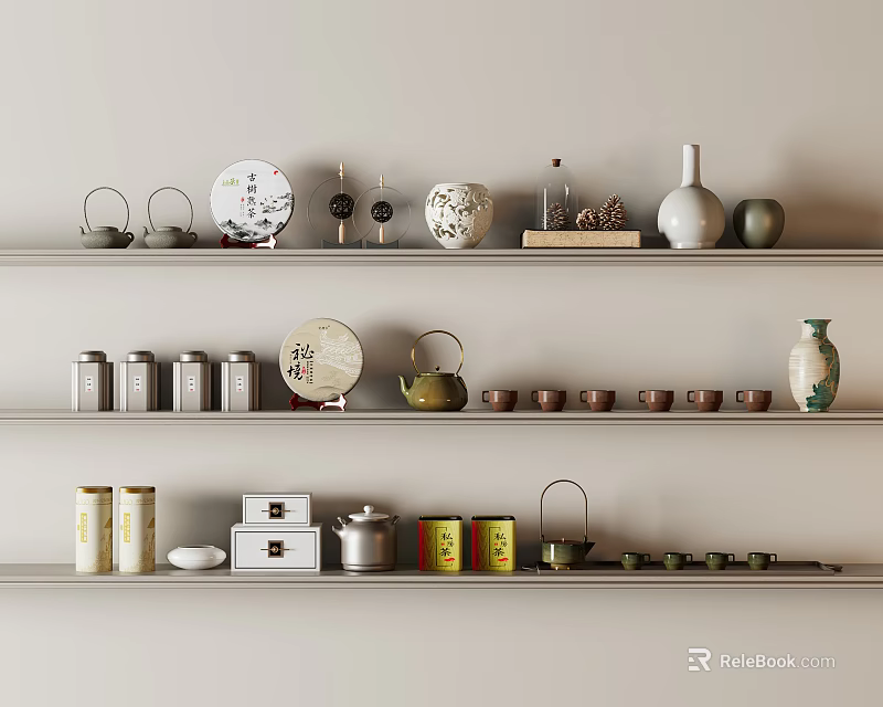 Elegant Tea Sets Display On Shelves With Jars Vases And Decorative Plates 3d model