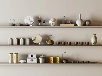 Elegant Tea Sets Display On Shelves With Jars Vases And Decorative Plates 3d model