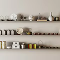 Elegant Tea Sets Display On Shelves With Jars Vases And Decorative Plates