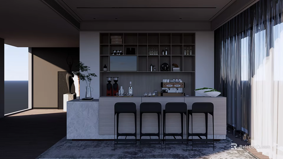 Modern Office Bar Area With Marble Countertop Four Black High Stools And Shelving 3d model 