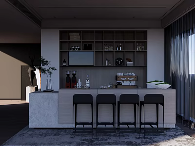 Modern Office Bar Area With Marble Countertop Four Black High Stools And Shelving 3d model