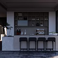 Modern Office Bar Area With Marble Countertop Four Black High Stools And Shelving