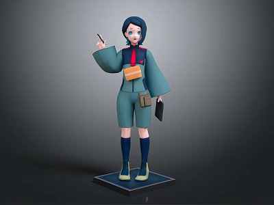 3D Animated Character With Blue Hair Green Outfit Orange Bag And Notebook On Black Base 3d model