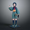 3D Animated Character With Blue Hair Green Outfit Orange Bag And Notebook On Black Base