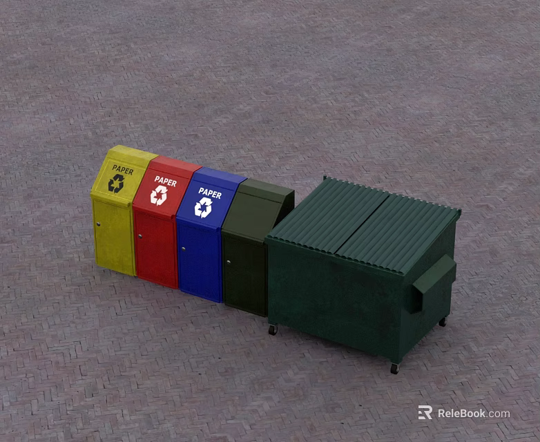 Green Swing Door Storage Container With Colorful Trash Bins On Gray Brick Floor 3d model 