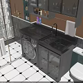 Stylish Bathroom Sink With Black Countertop Washing Machine Glass Cabinet Towels And Mirror