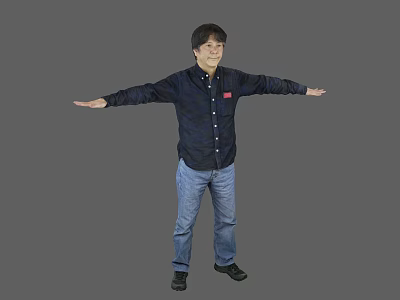Man In Dark Blue Shirt And Blue Jeans With Arms Outstretched Against Gray Background 3d model