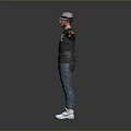 Man Wearing Hat Dark T-shirt Jeans White Sneakers With Arms Outstretched Standing Against Gray Background