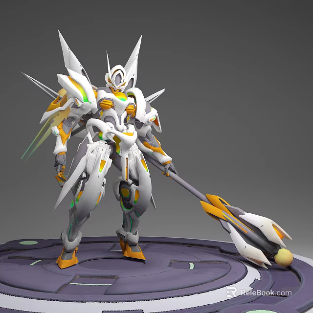 Detailed White Orange Green Biomechanical Character With Spear Like Weapon Standing On Platform 3d model 