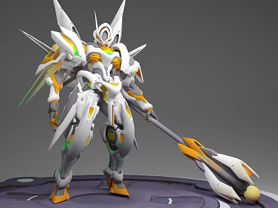 Detailed White Orange Green Biomechanical Character With Spear Like Weapon Standing On Platform 3d model