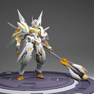 Detailed White Orange Green Biomechanical Character With Spear Like Weapon Standing On Platform 3d model