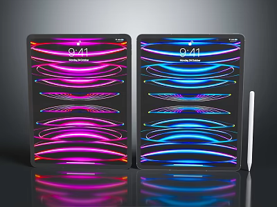 Two Modern Tablets Featuring Colorful Wave Patterns And 941 Time Display With Stylus Pen 3d model