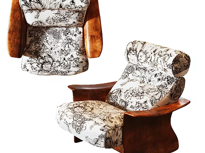 Stylish Accent Lounge Chair With Wooden Armrests And Floral Fabric Design 3d model
