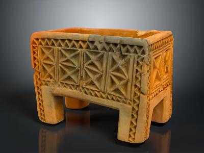 Ancient Carved Square Container With Geometric Patterns And Decorative Legs 3d model