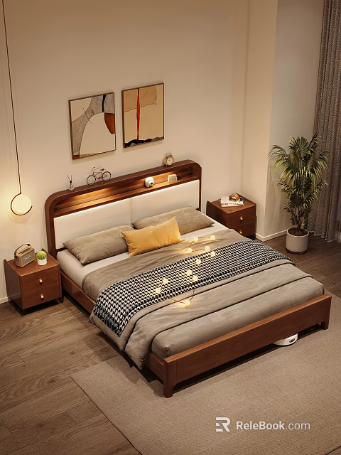 Cozy Bedroom Interior With Wooden Headboard Pillows Checkered Blanket String Lights Nightstands Paintings Green Plant 3d model 
