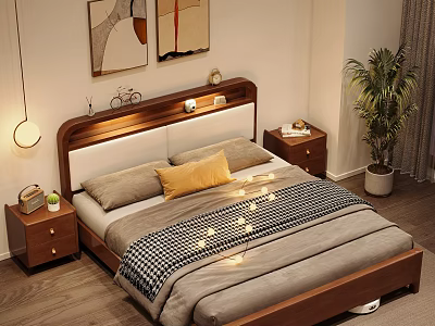 Cozy Bedroom Interior With Wooden Headboard Pillows Checkered Blanket String Lights Nightstands Paintings Green Plant 3d model