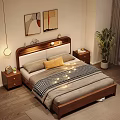 Cozy Bedroom Interior With Wooden Headboard Pillows Checkered Blanket String Lights Nightstands Paintings Green Plant