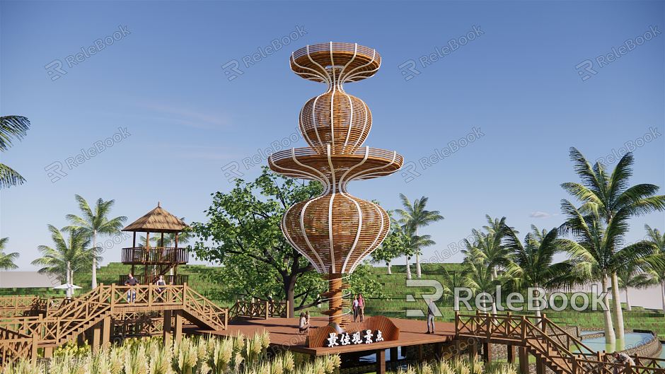 Modern Viewing Deck Viewing Tower Platform Viewing Tower Mountain Wooden Plank Road Thatched House Village Corridor Viewing Tower model