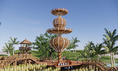 Modern Viewing Deck Viewing Tower Platform Viewing Tower Mountain Wooden Plank Road Thatched House Village Corridor Viewing Tower 3d model