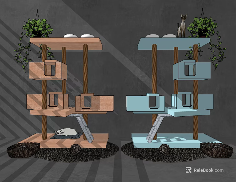 Two Multi Level Wooden And Blue Cat Trees With Green Plants And Cat Bed 3d model 