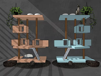 Two Multi Level Wooden And Blue Cat Trees With Green Plants And Cat Bed 3d model