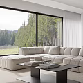 Modern Living Dining Room Interior With Large Windows Mountain Forest View And Gray Sofa