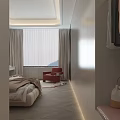 Elegant Modern Bedroom Interior With Beige Bed Bedhead Wall Dressing Table Red Armchair Herringbone Floor