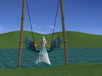 Outdoor Swing Play Equipment With Blue Wing Decorations And Wooden Poles Near Grass And Water 3d model