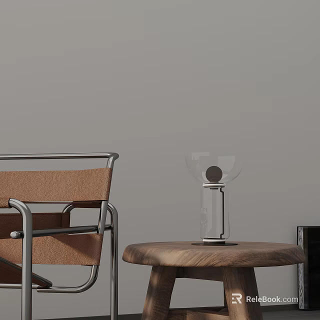 Modern Glass Table Lamp on Wooden Side Table with Metal Frame Leather Chair 3d model 
